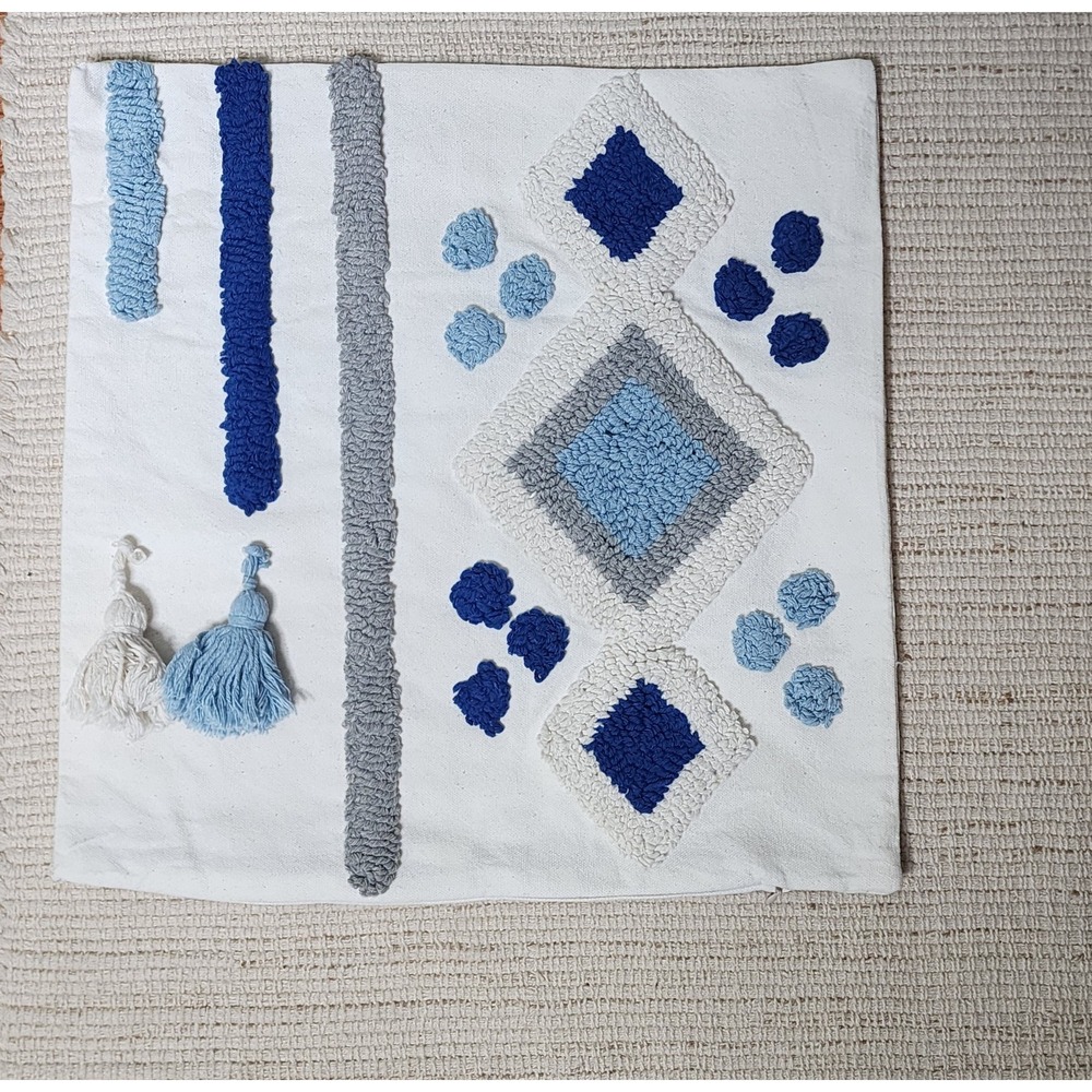 Tufted Boho Decorative‎ Pillow Cover Case Zipper Blue Ivory Canvas 17x17